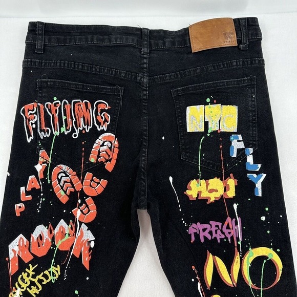 Waimea Men's Graffiti Print Artsy Colorful Black Denim Jeans Size 34 Skinny Fit - Picture 4 of 9